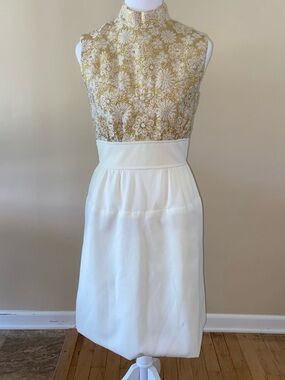 Source Unknown Ivory Midi Dress with Gold Floral Lace Bodice